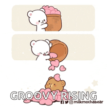 a cartoon of a teddy bear holding a basket of hearts with the words groovy rising below it