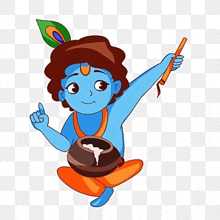 a cartoon illustration of a baby krishna with a pot and a flute .