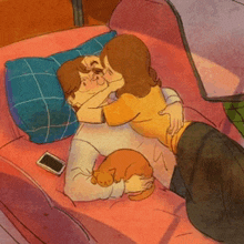 a man and woman are kissing on a bed with a cat