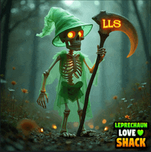 a skeleton wearing a green hat and holding a scythe with lls written on it