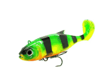 a green and yellow fish with a hook on it