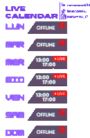 a purple and white live calendar with a red live button in the middle