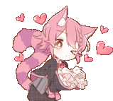 a cartoon girl with pink hair and cat ears is holding a box with hearts around her .