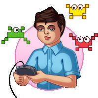 a cartoon of a man playing a video game with a controller