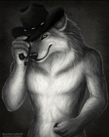 a black and white drawing of a wolf wearing a cowboy hat by southern wolf