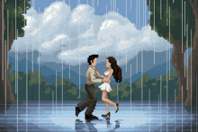 a pixel art of a man and a woman dancing in the rain