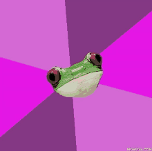 a green frog with red eyes is on a purple and white background