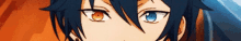 a close up of a person 's eyes with blue and orange eyes .