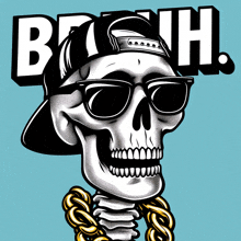 an illustration of a skull wearing sunglasses and a hat with the word bitch above it