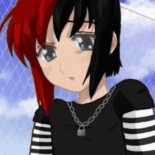 a cartoon girl with red and black hair is wearing a black and white striped shirt and a chain necklace .