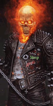 a ghost rider is wearing a leather jacket with spikes and holding a chain .