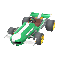 a green and white mario kart racing car with a brown seat