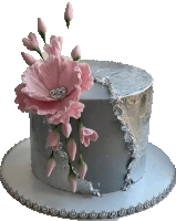 a gray cake with pink flowers on top