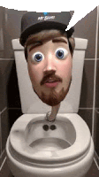 a man with a beard is sitting on a toilet with his head sticking out of the bowl .