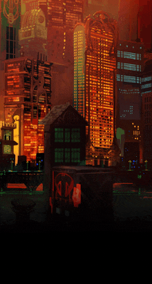 a painting of a city at night with a sign that says ' a.m. ' on it