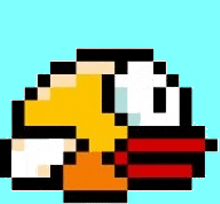 a pixel art of a yellow bird with a red beak