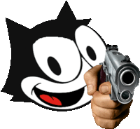 a hand holding a gun in front of a cartoon cat