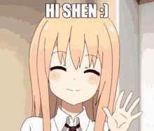 a cartoon girl waving her hand with the words hi shen behind her