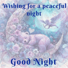 a purple teddy bear sleeping on a crescent moon with the words wishing for a peaceful night