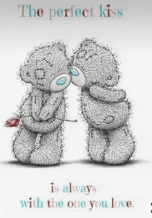 two teddy bears kissing with the words the perfect kiss is always with the one you love .