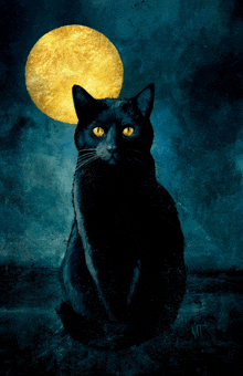 a painting of a black cat with yellow eyes and a full moon in the background