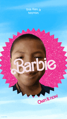 a picture of a boy with a barbie logo on his face