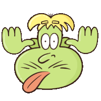 a cartoon drawing of a green monster with a tongue sticking out