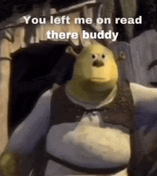 shrek from shrek is standing in front of a fence and says you left me on read there buddy .