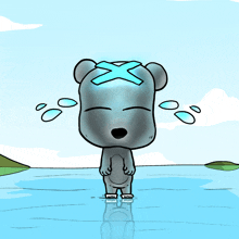 a cartoon drawing of a bear with a blue cross on its head