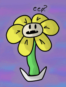 a cartoon drawing of a yellow flower with a face and the words cep written below it