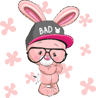 a cartoon bunny wearing a hat that says bad on it