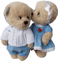 a couple of teddy bears standing next to each other one wearing a white sweater and blue plaid pants