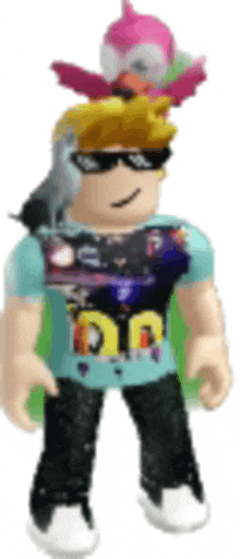 a roblox character is wearing sunglasses and a shirt with a bird on his head .