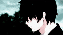 a black haired anime character with a tear coming out of his eye