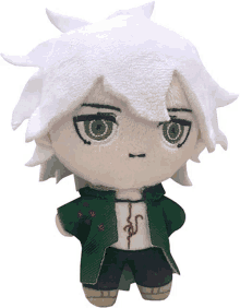 a stuffed toy of a boy with white hair and a green coat