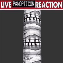 a black and white drawing of a face on a pole with the words `` live panopticon reaction '' above it .