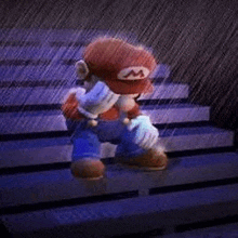 a cartoon character is walking down a set of stairs in the rain .