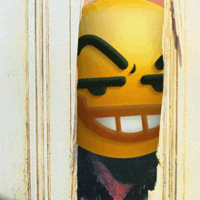 a yellow smiley face is behind a wooden door