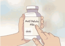 a cartoon of a person holding a bottle of anti delulu pills