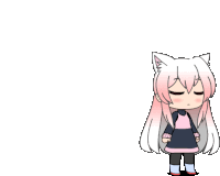 a girl with white hair and cat ears is standing with her eyes closed