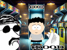 a cartoon of a man sitting in front of an arcade machine that says dood