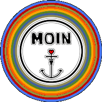 a rainbow colored circle with the word moin and an anchor in the center