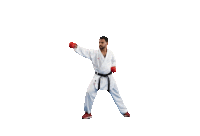 a man in a white karate uniform with a black belt and red boxing gloves