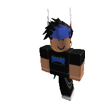 a roblox character is wearing a black shirt that says thrasher