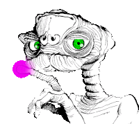 a black and white drawing of an alien with green eyes and a purple glow