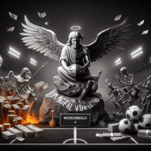 a statue of an angel sitting on a rock surrounded by soccer balls and money