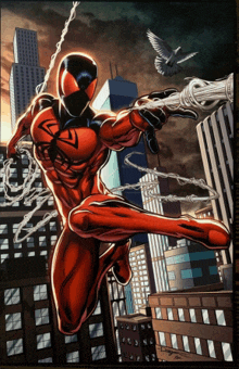 a comic book character in a red suit is holding a web