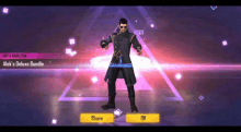 a man in a black coat and sunglasses is standing in front of a triangle in a video game .