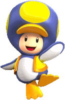 a cartoon character with a blue hat and yellow polka dots on it