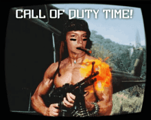 a picture of a man holding a gun with the words call of duty time